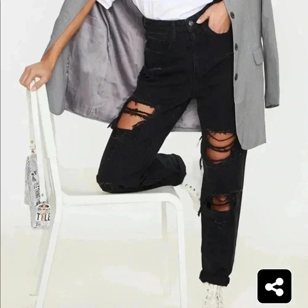 Petite  black ripped mom jeans